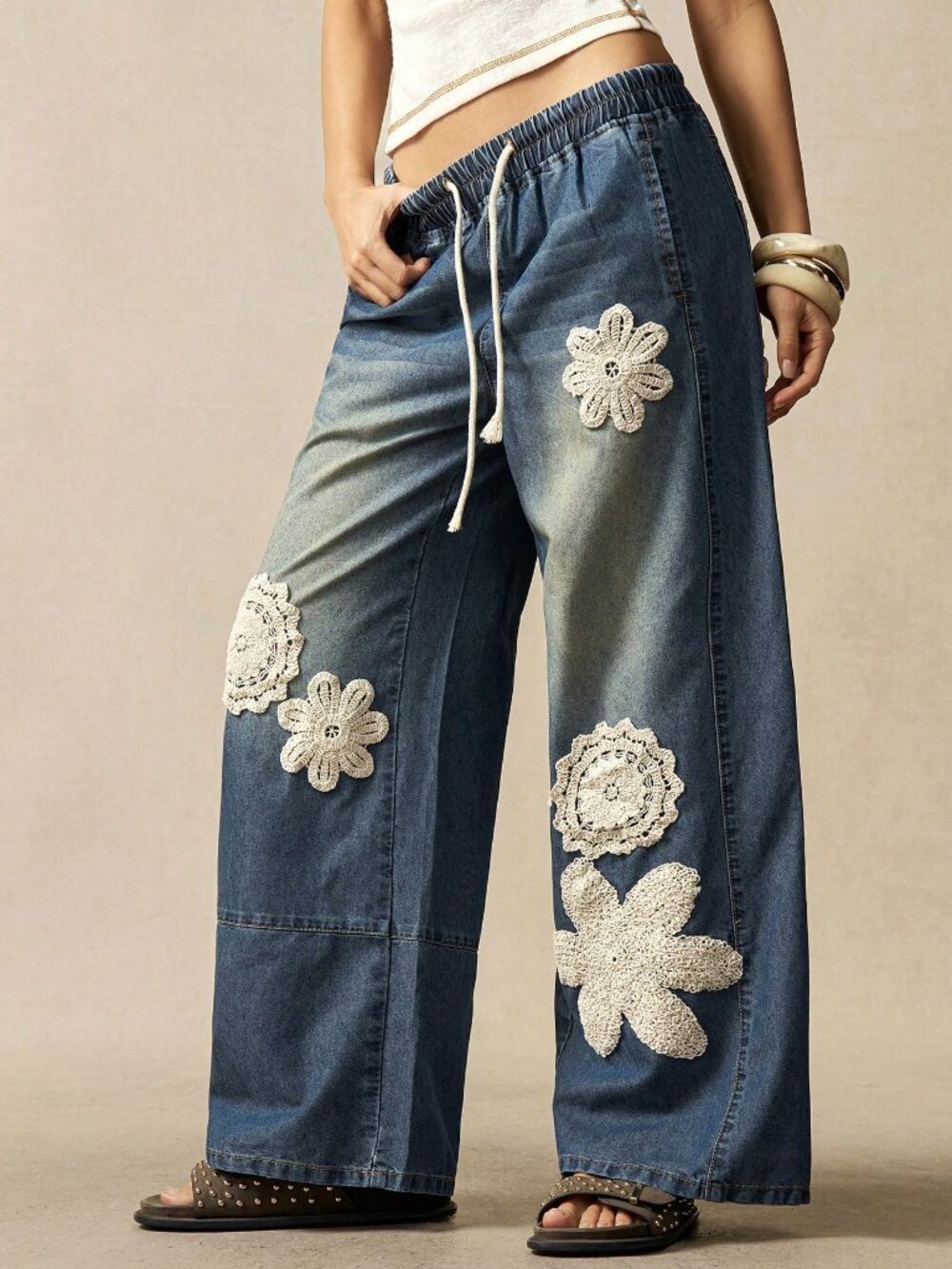 Blue Casual Women's Woven Loose Wide-Leg Jeans - Picture 4 of 6